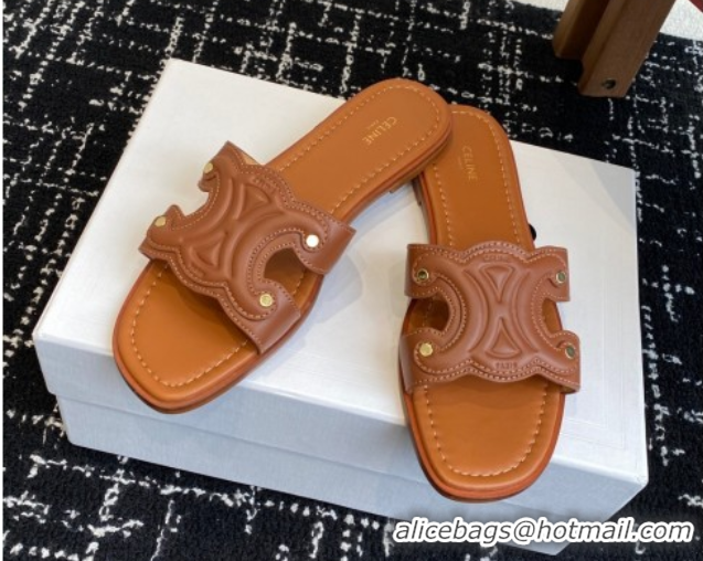 Best Price Celine Marina Flat Slides Sandal in Calfskin Leather Brown 0709078