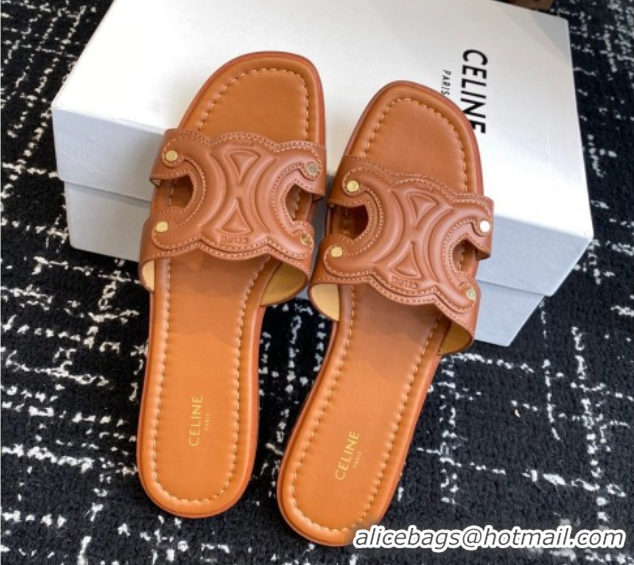 Best Price Celine Marina Flat Slides Sandal in Calfskin Leather Brown 0709078