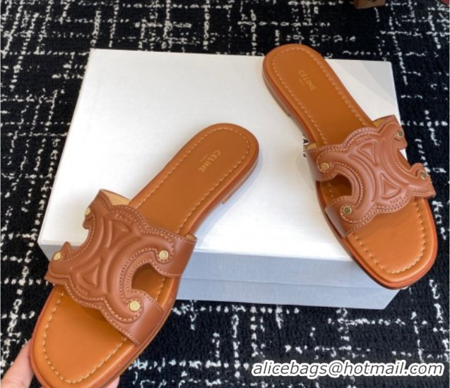 Best Price Celine Marina Flat Slides Sandal in Calfskin Leather Brown 0709078