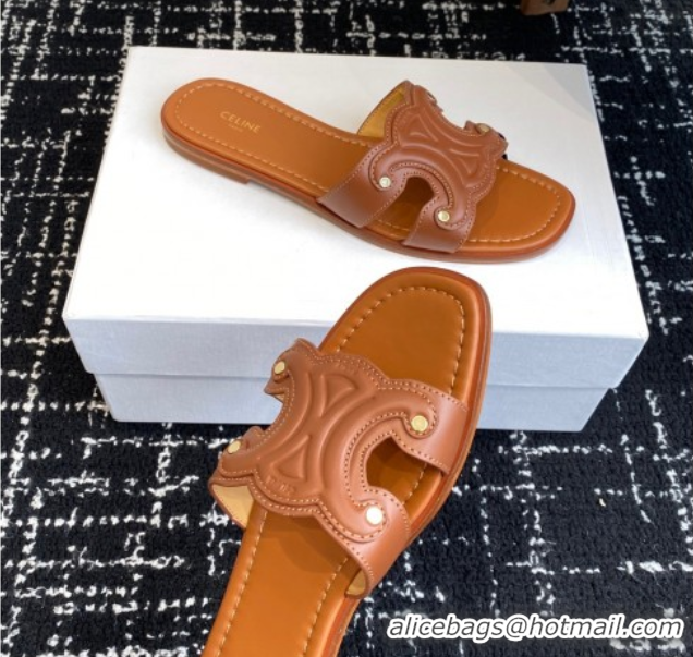 Best Price Celine Marina Flat Slides Sandal in Calfskin Leather Brown 0709078