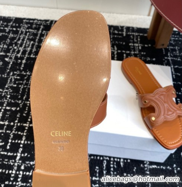 Best Price Celine Marina Flat Slides Sandal in Calfskin Leather Brown 0709078