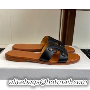 Shop Duplicate Celine Marina Flat Slides Sandal in Calfskin Leather Black 0709079