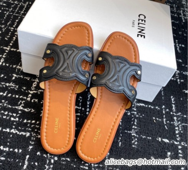 Shop Duplicate Celine Marina Flat Slides Sandal in Calfskin Leather Black 0709079
