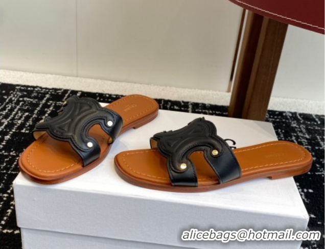 Shop Duplicate Celine Marina Flat Slides Sandal in Calfskin Leather Black 0709079