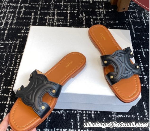 Shop Duplicate Celine Marina Flat Slides Sandal in Calfskin Leather Black 0709079