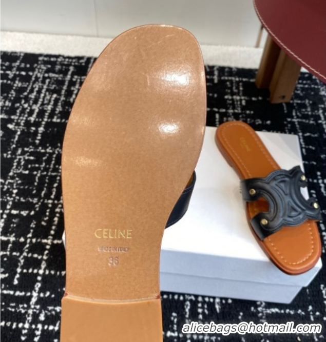 Shop Duplicate Celine Marina Flat Slides Sandal in Calfskin Leather Black 0709079