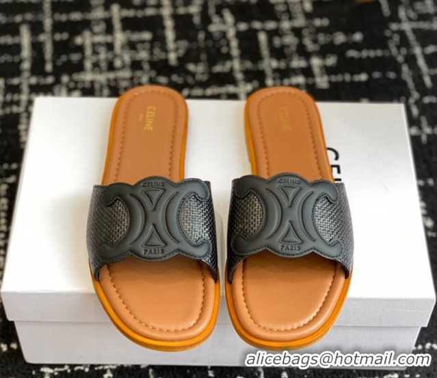 Durable Celine Clemence Flat Slides Sandal in Straw-Like Black 0709080
