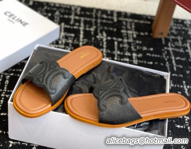 Durable Celine Clemence Flat Slides Sandal in Straw-Like Black 0709080