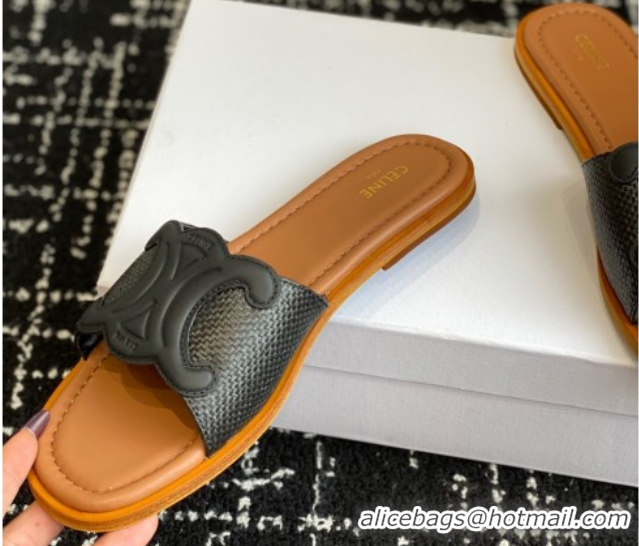 Durable Celine Clemence Flat Slides Sandal in Straw-Like Black 0709080