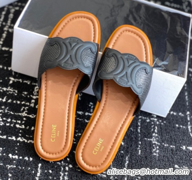 Durable Celine Clemence Flat Slides Sandal in Straw-Like Black 0709080