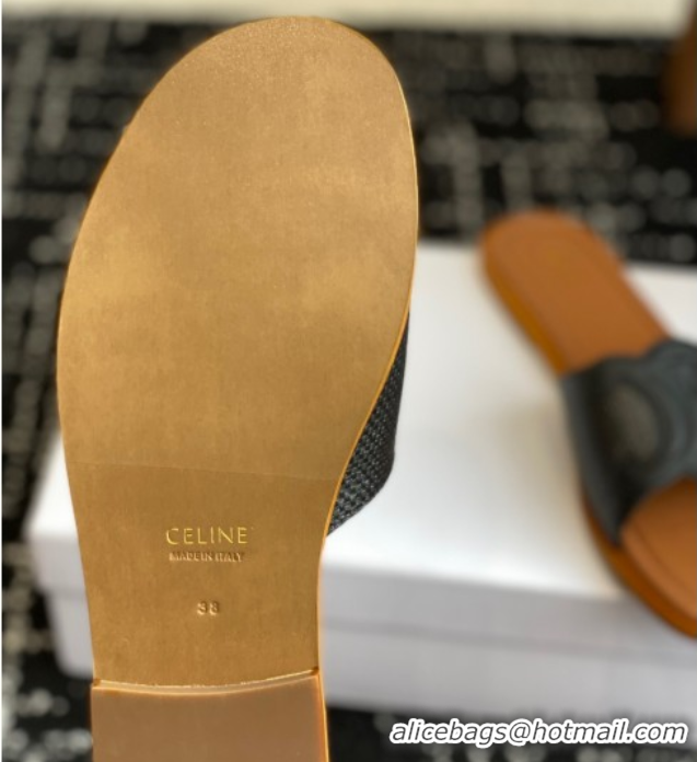 Durable Celine Clemence Flat Slides Sandal in Straw-Like Black 0709080