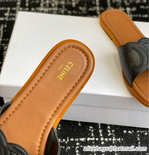 Durable Celine Clemence Flat Slides Sandal in Straw-Like Black 0709080