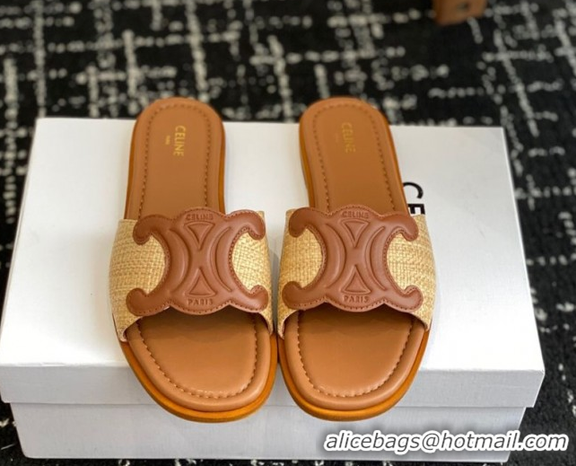 Discount Celine Clemence Flat Slides Sandal in Straw-Like Beige 0709081
