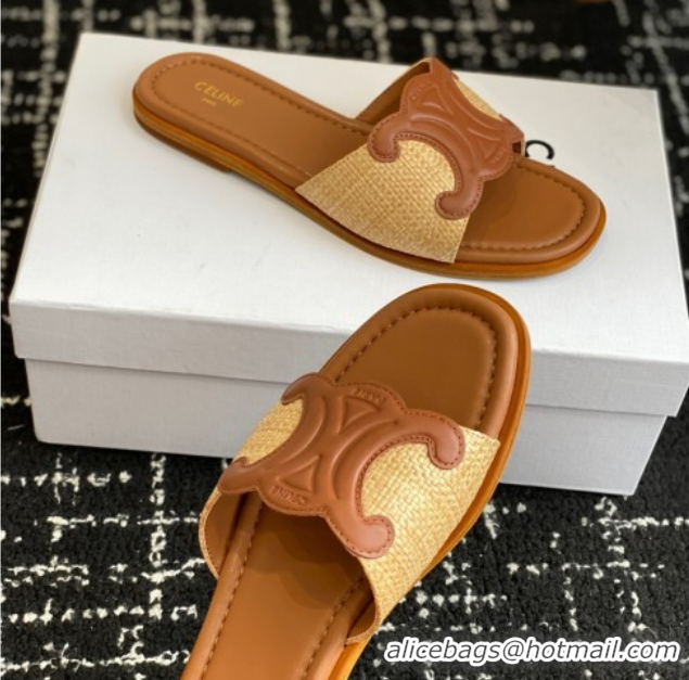 Discount Celine Clemence Flat Slides Sandal in Straw-Like Beige 0709081