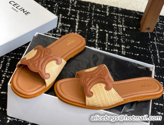 Discount Celine Clemence Flat Slides Sandal in Straw-Like Beige 0709081