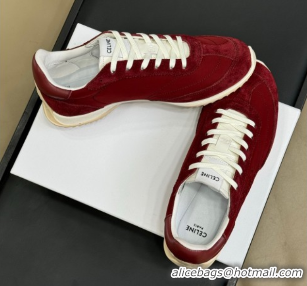Fashion Celine Racer Low top Sneakers in Nylon and Suede Burgundy 0709082