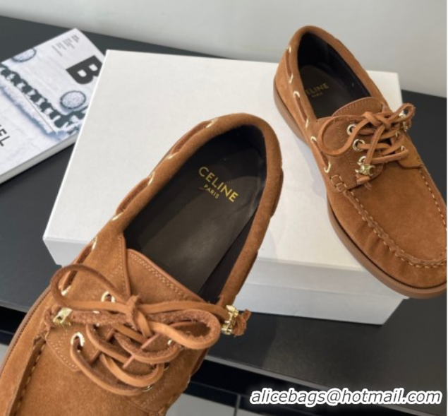 Luxury Celine Bateau Lace-up Loafers in Suede Brown 0709086
