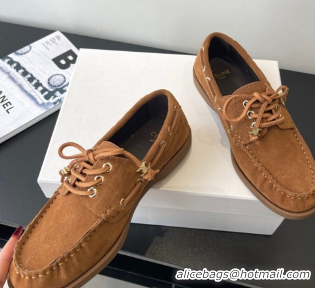 Luxury Celine Bateau Lace-up Loafers in Suede Brown 0709086
