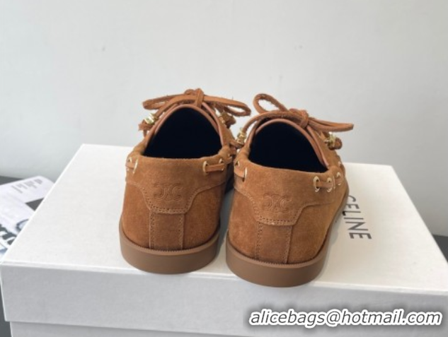 Luxury Celine Bateau Lace-up Loafers in Suede Brown 0709086