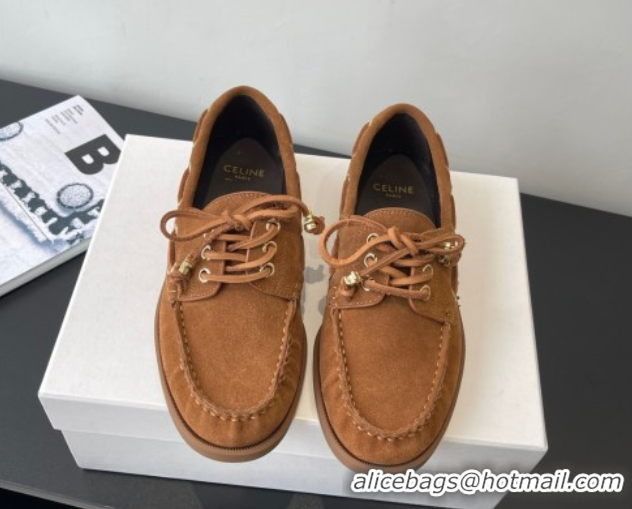 Luxury Celine Bateau Lace-up Loafers in Suede Brown 0709086