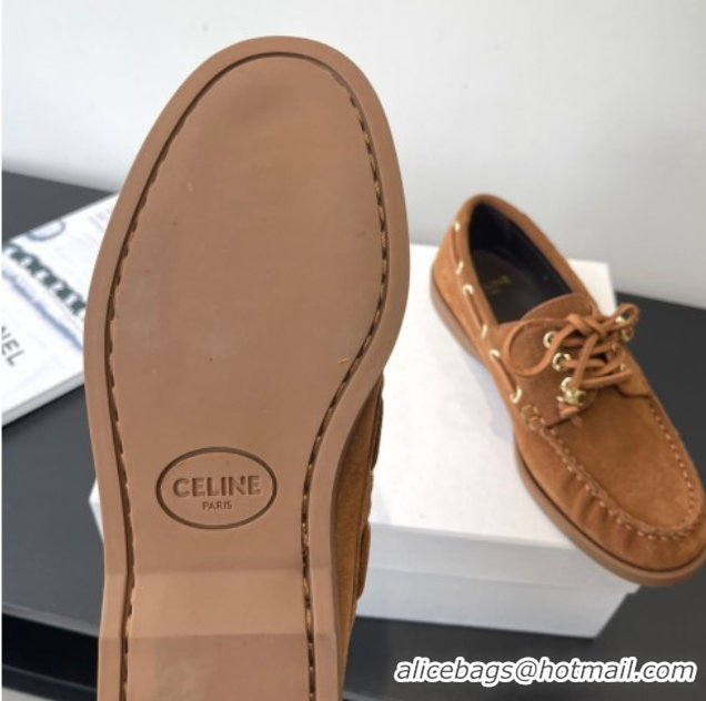 Luxury Celine Bateau Lace-up Loafers in Suede Brown 0709086