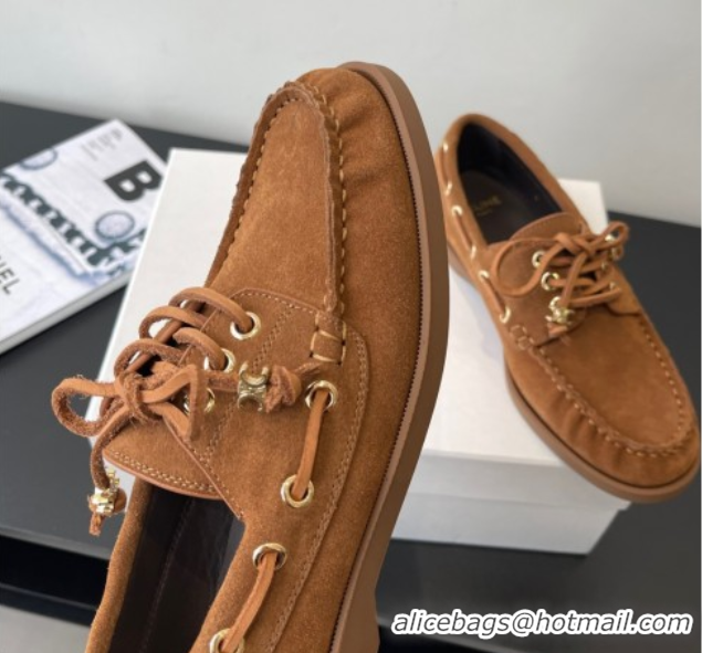 Luxury Celine Bateau Lace-up Loafers in Suede Brown 0709086