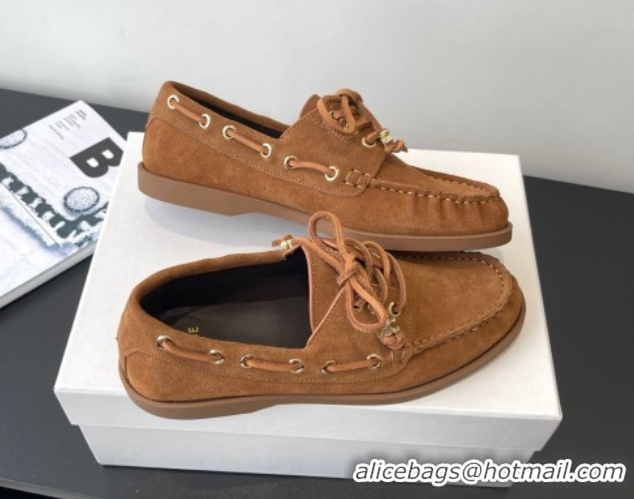 Luxury Celine Bateau Lace-up Loafers in Suede Brown 0709086
