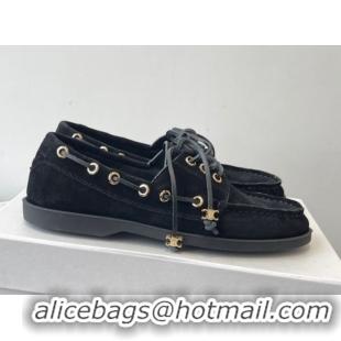 Cheap Price Celine Bateau Lace-up Loafers in Suede Black 0709087