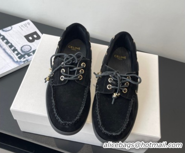 Cheap Price Celine Bateau Lace-up Loafers in Suede Black 0709087
