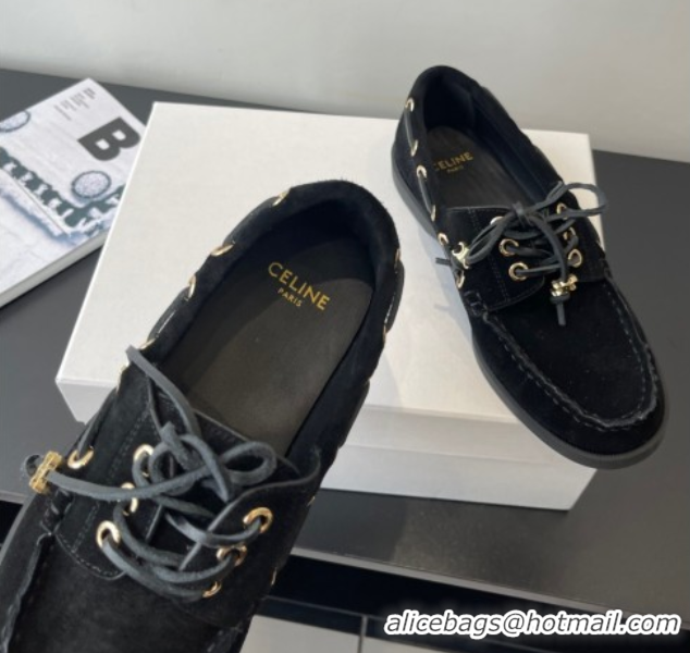 Cheap Price Celine Bateau Lace-up Loafers in Suede Black 0709087
