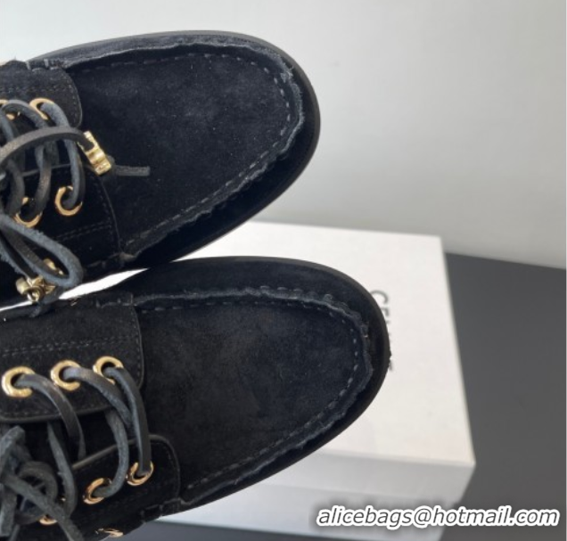 Cheap Price Celine Bateau Lace-up Loafers in Suede Black 0709087
