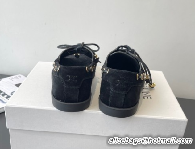 Cheap Price Celine Bateau Lace-up Loafers in Suede Black 0709087