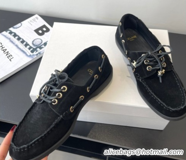 Cheap Price Celine Bateau Lace-up Loafers in Suede Black 0709087