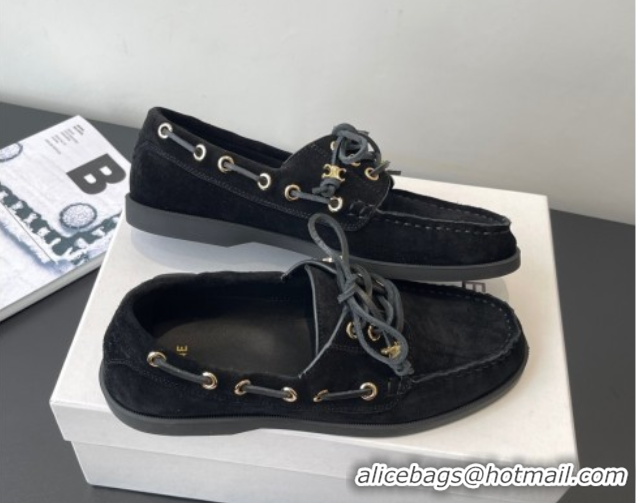 Cheap Price Celine Bateau Lace-up Loafers in Suede Black 0709087