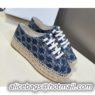 Luxurious Celine Lace-up Platform Les Espadrilles in Blue Denim 0709091