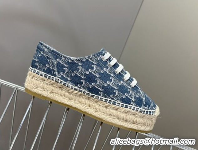 Luxurious Celine Lace-up Platform Les Espadrilles in Blue Denim 0709091