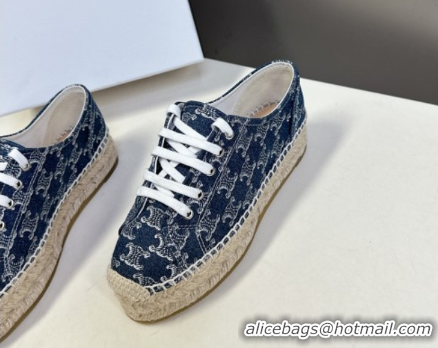 Luxurious Celine Lace-up Platform Les Espadrilles in Blue Denim 0709091