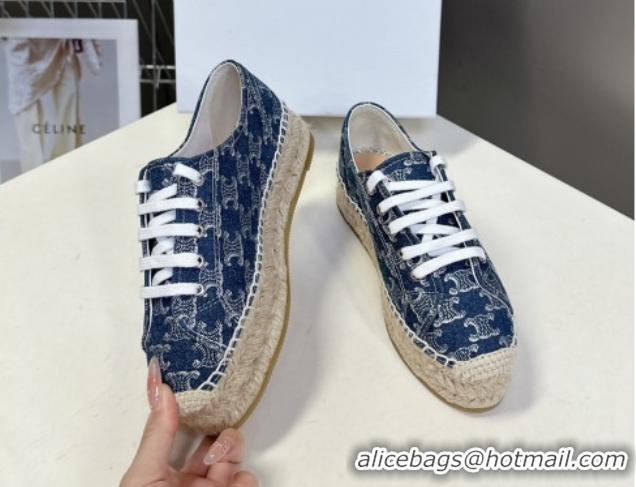 Luxurious Celine Lace-up Platform Les Espadrilles in Blue Denim 0709091