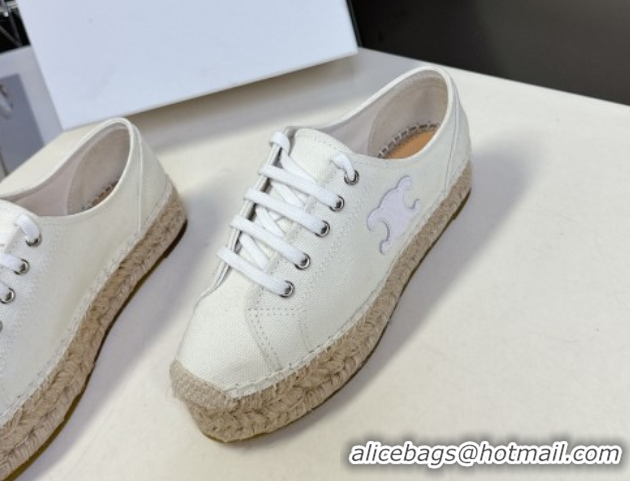 Feminine Celine Lace-up Platform Les Espadrilles in Cotton Canvas White 0709092