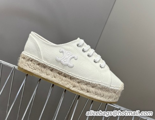 Feminine Celine Lace-up Platform Les Espadrilles in Cotton Canvas White 0709092