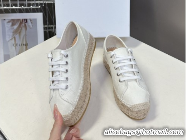 Feminine Celine Lace-up Platform Les Espadrilles in Cotton Canvas White 0709092