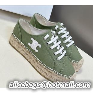 Good Quality Celine Lace-up Platform Les Espadrilles in Cotton Canvas Green 0709094