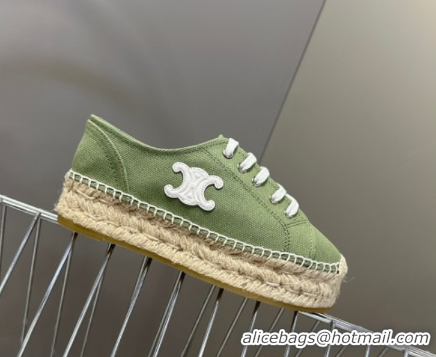 Good Quality Celine Lace-up Platform Les Espadrilles in Cotton Canvas Green 0709094