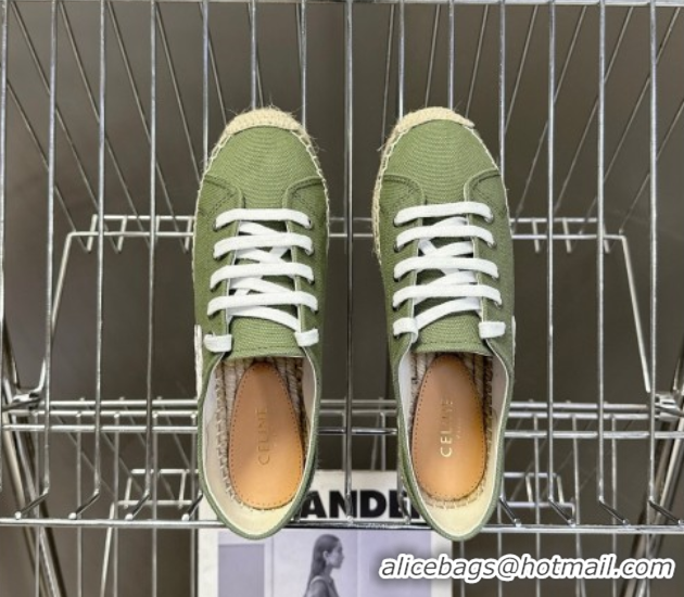 Good Quality Celine Lace-up Platform Les Espadrilles in Cotton Canvas Green 0709094