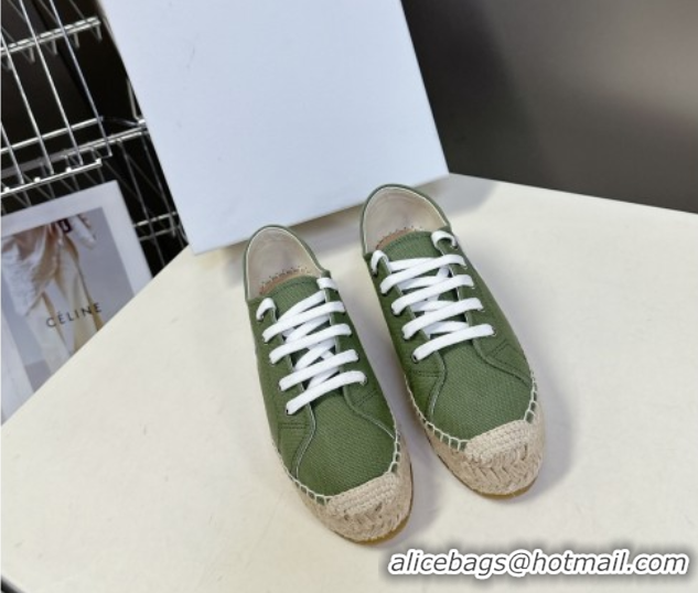 Good Quality Celine Lace-up Platform Les Espadrilles in Cotton Canvas Green 0709094