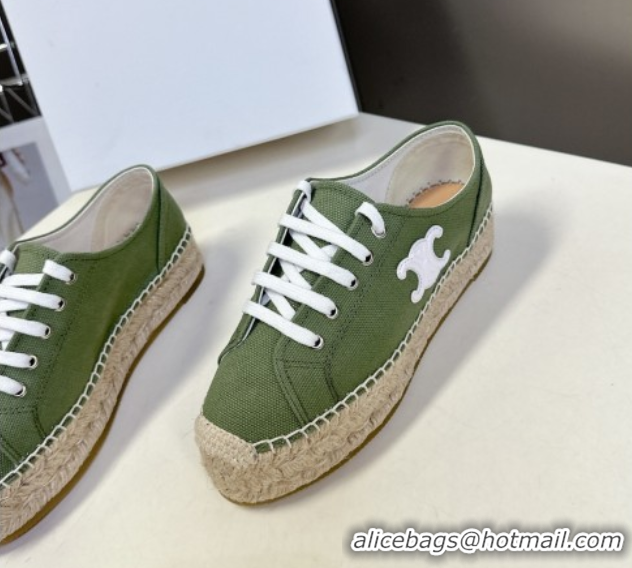 Good Quality Celine Lace-up Platform Les Espadrilles in Cotton Canvas Green 0709094