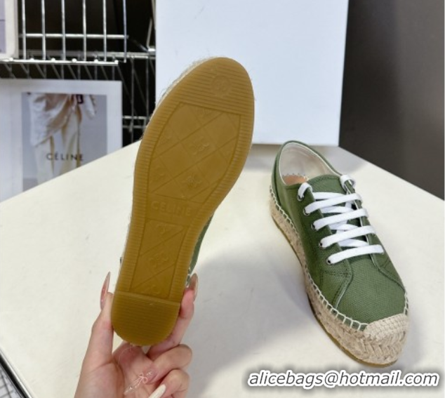 Good Quality Celine Lace-up Platform Les Espadrilles in Cotton Canvas Green 0709094