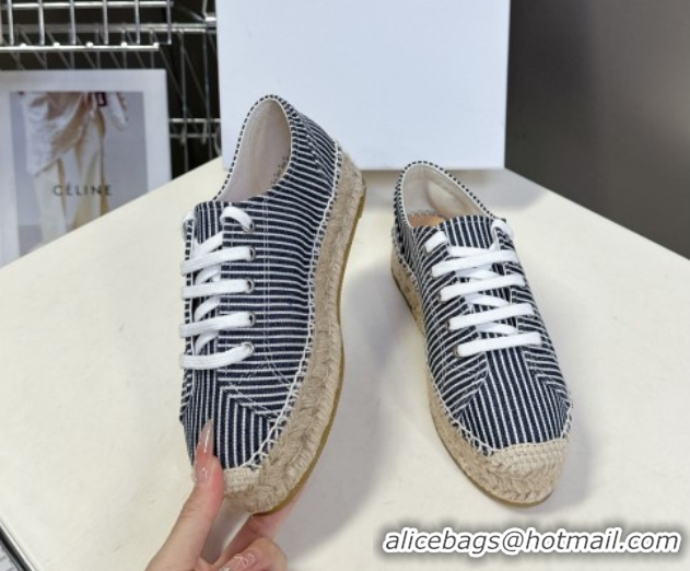 Top Design Celine Lace-up Platform Les Espadrilles in Oshkosh Canvas White/Navy Blue 0709097