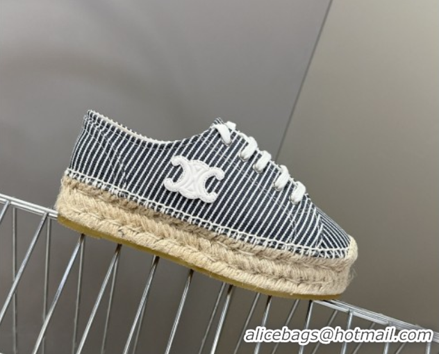 Top Design Celine Lace-up Platform Les Espadrilles in Oshkosh Canvas White/Navy Blue 0709097
