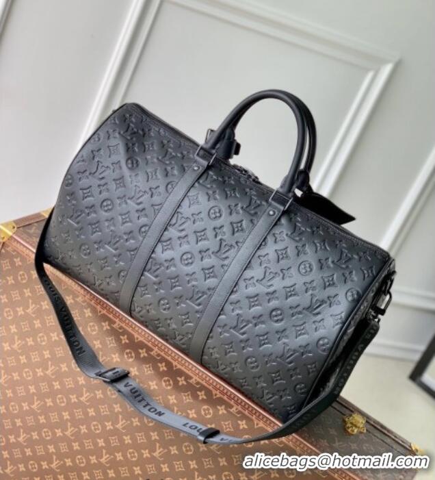 Top Grade Louis Vuitton Keepall Bandouliere 50 Travel Bag in Black Monogram Shadow Leather M44810 2025